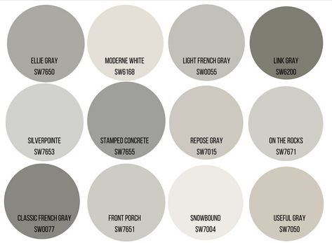 Sherwin Williams Warm Greys What is your favorite? Light French Grey and Repose Grey are my favorite!  #interiordesign #newhomes #farmhousecolors  #renovationgoals #colorpalettes #DIYhome #sandrawatkins Gray And White House Exterior, Grey Home Exterior, Light French Grey, Repose Grey, Siding House, Creek Ideas, Interior Paint Schemes, Exterior Gray Paint, Stucco Colors