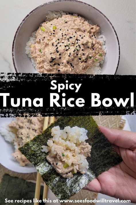 Mixed tuna mayo on top of rice recipe Spicy Tuna Wrap Recipe, Seaweed Snacks Recipes, Tuna Rice Bowl, Tuna Lunch, Quick Rice, Tuna Rice, Mediterranean Diet Recipes Dinners, Healthy Tuna, Seaweed Snacks