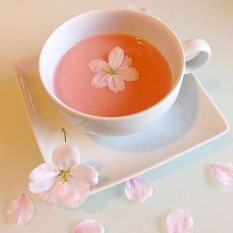 Sakura Drink Aesthetic, Cute Tea Aesthetic, Cute Food Pictures, Sakura Drink, Sakura Latte, Cottagecore Cafe, Sakura Tea, Sakura Aesthetic, Jelly Cake