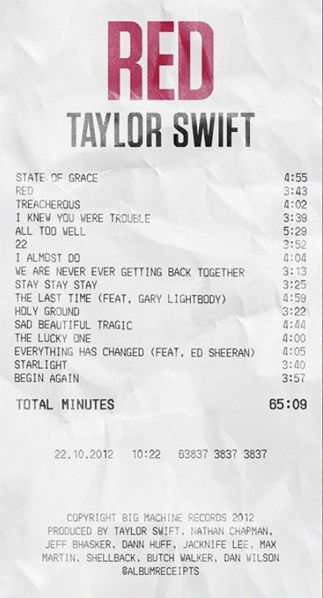 Red Album Receipt, Taylor Swift Red Receipt, Album Receipts, Taylor Swift Red Album, Album Receipt, Gary Lightbody, Red Album, Selena And Taylor, Music Journal