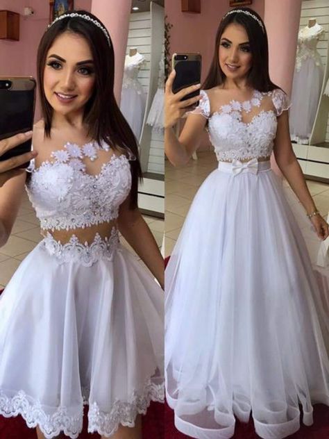 Homecoming Dresses White, Convertible Wedding Dresses, Fancy Wedding Dresses, Two Piece Homecoming Dress, Prom Dresses Two Piece, Mini Party, Long Prom Dresses, Party Gown, A Line Prom Dresses