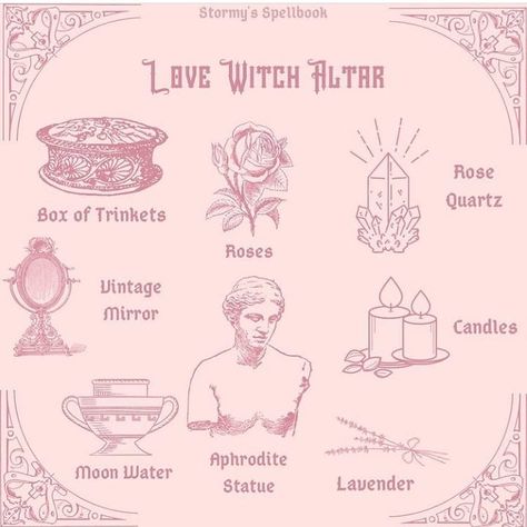 @mysticwitchofthemoon on Instagram: “Things to add to the altar of a love witch or when practicing love based magic 🙂❤🥀 Credit- @stormysspellbook . . #wiccansofinstagram…” Love Witch Altar, Romantic Pfp, Mythology Goddesses, Grimoire Ideas, The Love Witch, Witch Altar, Aphrodite Aesthetic, Witchcraft Altar, Aphrodite Goddess