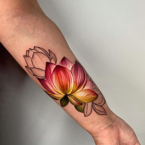 Black And Grey And Color Tattoo, Black And Grey Tattoos With Color, Black And White Tattoo With Color Accent, Mix Of Color And Black Tattoos, Black And Grey Tattoo With Pop Of Color, Black And White Tattoo With Pop Of Color, Tat Quotes, Black And White Flower Tattoo, Lotus Tattoo