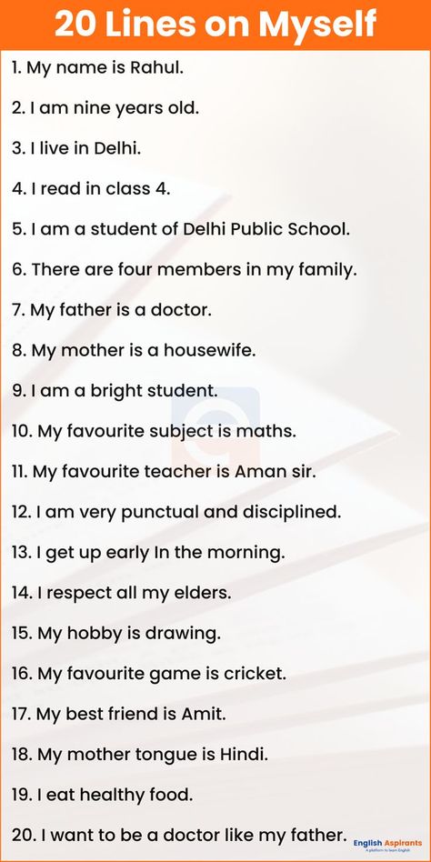 My Self 20 Lines My Self Essay, Line Lesson, Brain Teasers For Kids, Hindi Language Learning, English Learning Books, Kids Worksheets Preschool, English Language Learning Grammar, Learning English For Kids, Speaking Activities