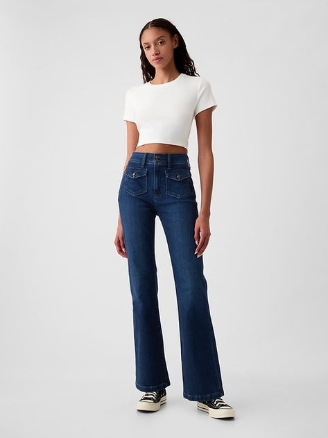 High Rise '70s Flare Jeans 70s Jeans Outfit, Flare Leg Jeans Outfit, Flare Jeans And Sneakers, Women Flare Jeans, Jeans And Sneakers Outfit, Jeans For Petite Women, 70s Jeans, Womens Flare Jeans, Jeans Look