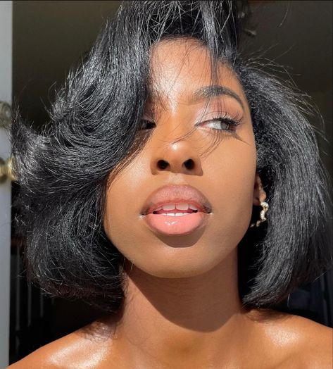 Short Hair Curls Black Women, 90s Blowout Bob Black Women, Voluminous Bob Black Women, 4c Bob Haircut, Short 4c Hair Straightened Styles, Blowout On Short Hair Black Women, Short 4c Silk Press, Natural Hair Blowout Short, Bob Natural Hair Black Women