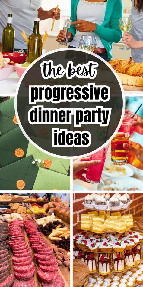 How to host a progressive dinner party. Great neighborhood party idea or family holiday tradition! Includes ideas for progressive dinner food and more fun for progressive dinners / rotating dinner party. AWESOME FOOD PARTIES IDEAS / POTLUCK IDEAS! #progressivedinner #neighborhoodparty #walkingdinner #roundrobinparty #partytheme #pitchin #potluck #bestparties Progressive Dinner Themes, Dinner Party Ideas For Adults, Holiday Party Potluck, Party Dinner Ideas, Potluck Themes, Progressive Dinner Party, Potluck Dinner Party, Group Dinner, Dinner Party Ideas