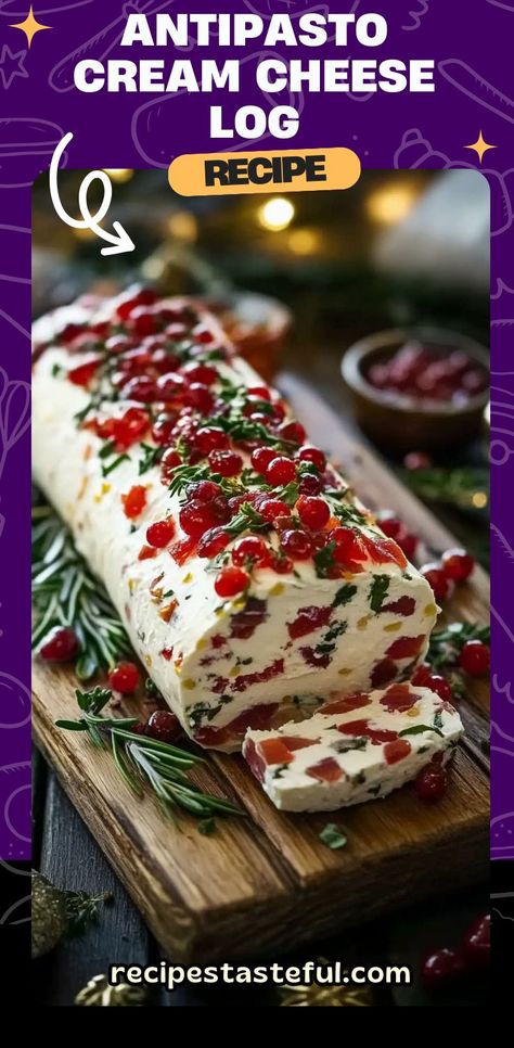 This delicious Festive Holiday Antipasto Cream Cheese Log is the perfect appetizer for your holiday gatherings! With a rich cream cheese base, roasted red peppers, olives, artichoke hearts, and Parmesan cheese, it’s bursting with flavor. Garnished with fresh parsley, rosemary sprigs, and cranberries, it’s both tasty and visually stunning. Serve with crackers, baguette slices, or veggie sticks for a festive and easy-to-make dish. #HolidayAppetizer #CheeseLog #AntipastoAppetizer Cream Cheese Log, Cream Cheese Appetizer Recipes, Xmas Appetizers, Veggie Sticks, Baguette Slices, Cheese Recipes Appetizers, Holiday Party Appetizers, Cream Cheese Appetizer, Cheese Log