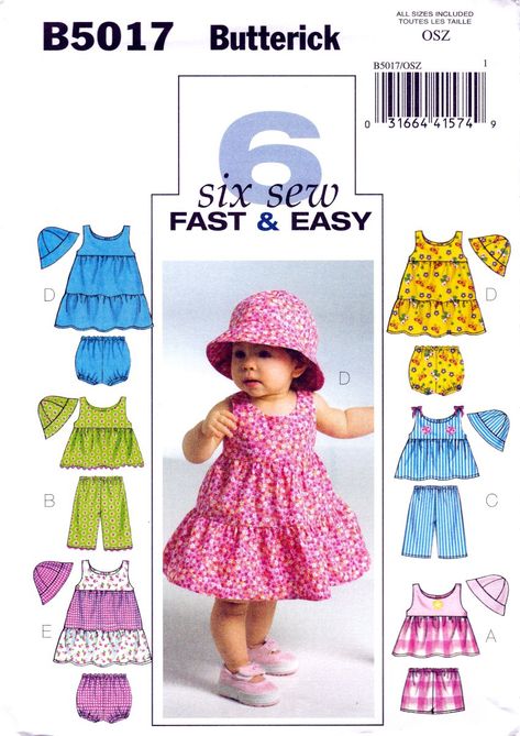 Butterick+B5017+Infants+Top+Dress+Panties+Shorts+Pants+Hat+Sewing+Pattern+sizes+OSZ Summer Sewing Patterns, Sundress Pattern, Sewing Dress, Hat Patterns To Sew, Sewing Patterns Girls, Sew Ins, Baby Dress Patterns, Girl Dress Patterns