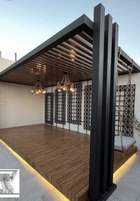 Steel Pergola Design, Rooftop Patio Design, Roof Work, Steel Pergola, Porch Addition, Thai House, Pergola Design, Rooftop Patio, Sit Out