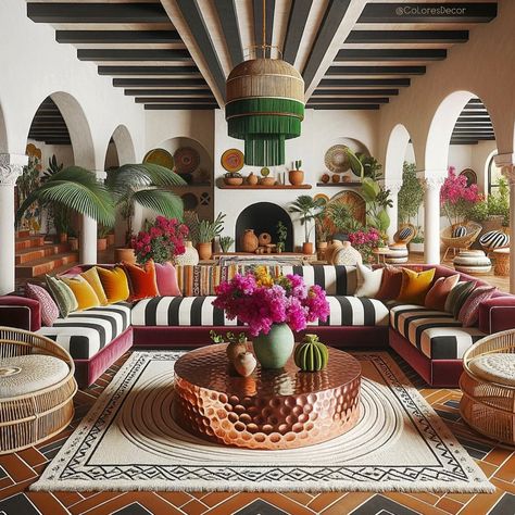 Modern Mexican Hacienda, Colorful Boho Living Room, Mexican Interior Design, Peacock Chairs, Mexican Interiors, Mexican Hacienda, Modern Mexican, Mexican Home, Coachella Valley