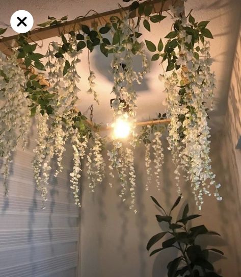 Boho Crystal Chandelier, Bedroom Decor Peaceful, Magical Garden Bedroom, Creative Ways To Hang Curtain Lights, Outdoor Theme Bedroom For Adults, Green Spa Room Ideas, Weeping Willow Chandelier, Forest Bathroom Aesthetic, Artistic Bathroom Ideas