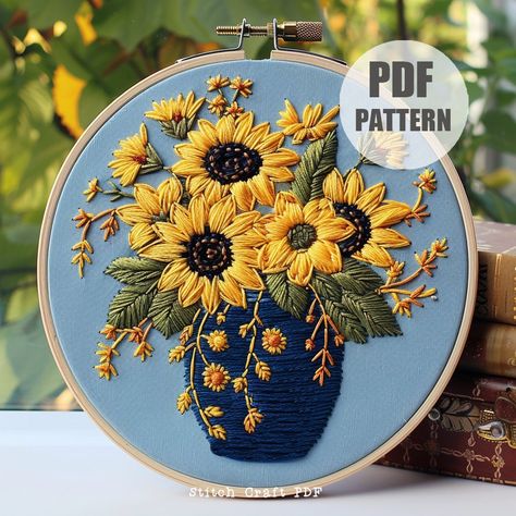 Sunflowers jar Embroidery Pattern, Spring Series, Hand Embroidery Pattern, Instant Digital Download, Beginners Craft, Sunflowers Embroidery by StitchCraftPDF on Etsy Sunflower Embroidery Pattern, Jar Embroidery, Embroidery Bouquet, Spring Embroidery, Sunflower Embroidery, Embroider Ideas, Beginner Crafts, Sunflower Bouquet, Embroidery Stitching