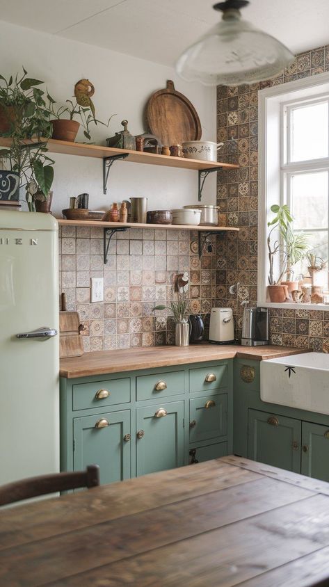 These small cottage kitchen ideas are perfect for those looking to maximize storage and create a cozy, welcoming atmosphere. Check out our rustic cott... Rustic Boho Kitchen Ideas, Small Cottage Homes Interior, Small Cozy Kitchen, Compact Kitchen Ideas, Vintage Modern Cottage, Small Cottage Kitchen Ideas, Modern Cottage Design, Cottage Homes Interior, Cottage Kitchen Shelves