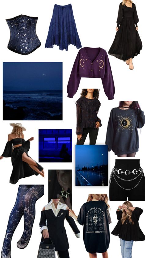 Images of nighttime, urban areas, clouds, sea etc. And outfits inspired by these images, with star and moon accessories and flowy dark clothes Dazecore Aesthetic, Aesthetic Outfits, Aesthetic Fashion, Aesthetic Clothes, My Style, Clothes