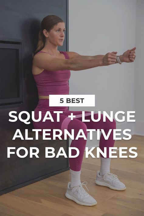 If you're dealing with knee pain, you don’t have to give up on lower body strength training. These five lunge and squat alternative exercises allow you to strengthen the same muscles, but with much less stress on your knee joints. Knee Health Exercises, Alternative To Squats For Bad Knees, Modified Squats For Bad Knees, Lunge Alternatives For Bad Knees, Knee Safe Workouts, Workouts For Knee Pain, Squat Alternatives For Bad Knees, Leg Exercises For Bad Knees, Quad Exercises For Bad Knees