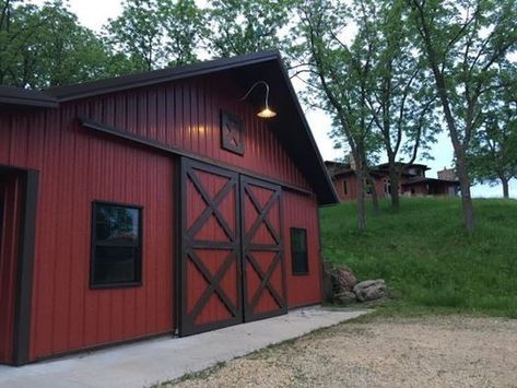 Barn Colors Scheme Exterior, Red Metal Barn, Black Pole Barns, Amy Daws, Metal Horse Barns, Barn Colors, Barn Exterior, Pearl House, Black Metal Roof