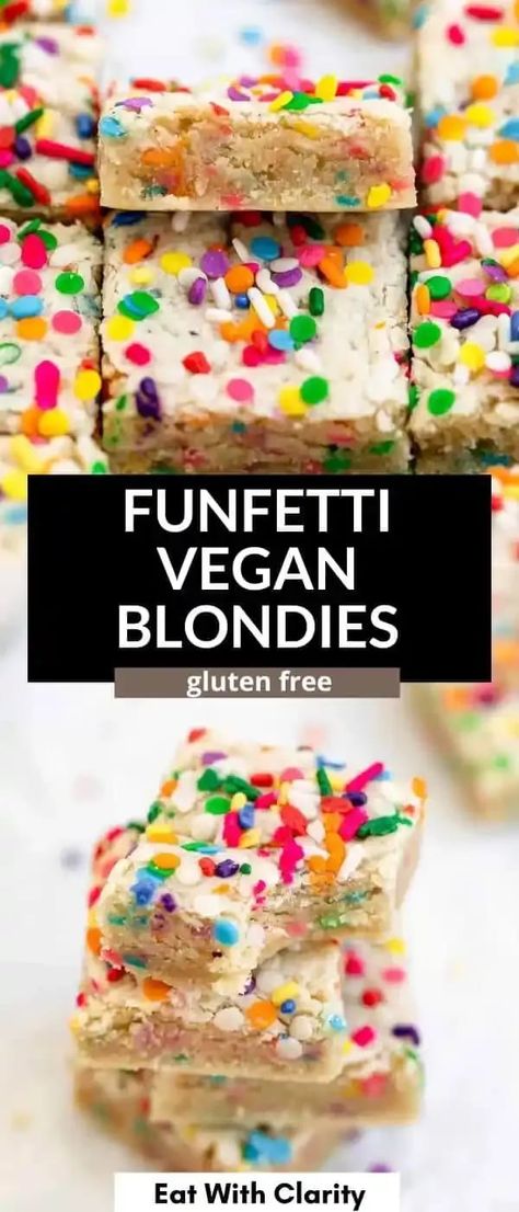 These chewy vegan funfetti blondies are a simple and gluten free dessert! These cookie bars can be frosted or not, are loaded with sprinkles and taste like a sugar cookie in blondie form! Gluten Free Blondies Recipe, Funfetti Blondies, Blondies Gluten Free, Vegan Brownies Easy, Vegan Blondies, Potluck Food, Bar Desserts, Gluten Free Dessert, Dairy Free Pasta