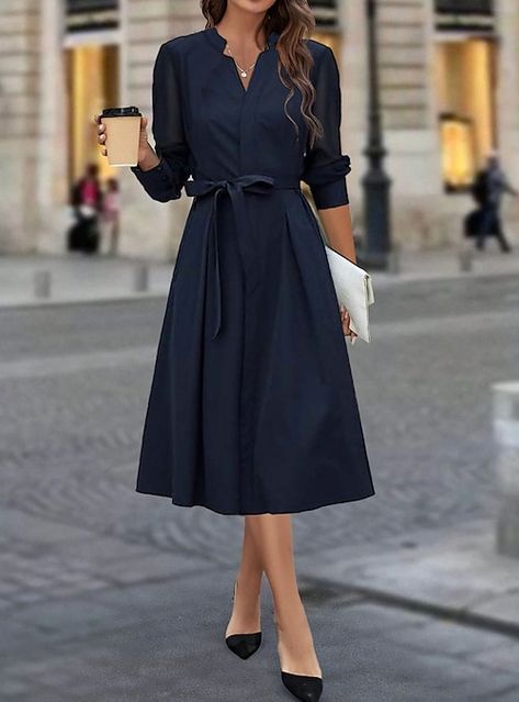 Classy Dresses For Work, Flowy Day Dress, Winter Dresses Midi, Winter A Line Dress, Tea Length Dresses Wedding Guest, Elegant Dresses For Older Women, Dresses For Women Over 50 Classy, Professional Summer Dresses, December Wedding Guest Dress Long Sleeve