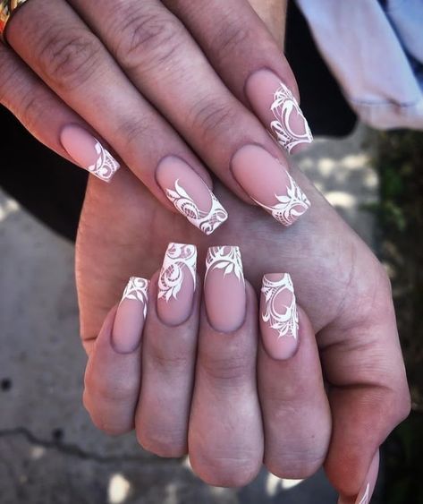 Lace Nails Designs, Powder Acrylic Nails, Lace Wedding Nails, With Acrylic Nails, Unique Acrylic Nail Designs, Bride Nail, Lace Nail Design, White Lace Nails, Acrylic Nail Ideas