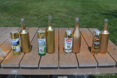 Gold Painted Wine Bottles, Gold Spray Paint Diy, Best Gold Spray Paint, Spray Painting Glass, Spray Painted Wine Bottles, Thrifting Diy, Spray Painted Bottles, Lighting Makeover, Spray Paint Projects