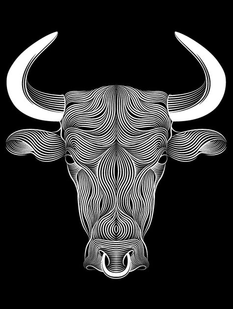 BULL by Patrick Seymour, via Behance Andrea Minini, Patrick Seymour, Bull Tattoos, 3d Illusion, Illusion Art, Op Art, Mandala Art, Linocut, Graphic Design Inspiration