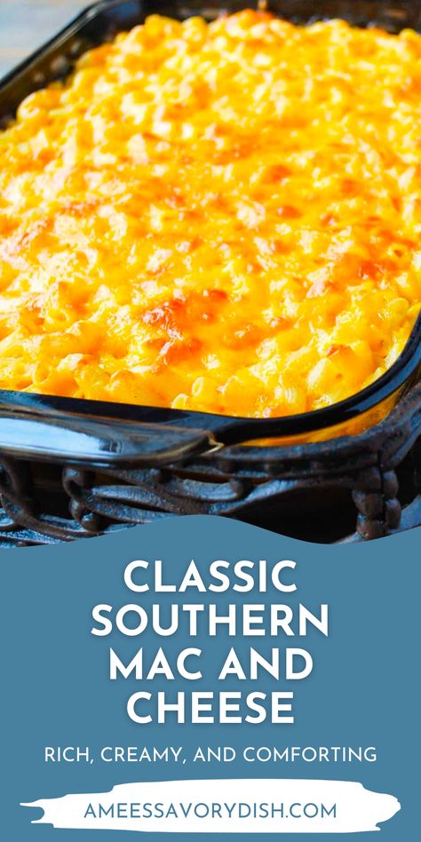 Classic Southern Mac and Cheese is perfect for the upcoming holiday season. This classic mac and cheese is filled with creamy and comforting flavors thanks to a custardy cheese sauce made with eggs, sour cream, and double the cheddar. Simply whip up this amazing mac and cheese for your friends and family! Mac Daddy Mac And Cheese, Southern Style Mac And Cheese Soul Food, Macaroni And Cheese Sauce Recipe, Texas Mac And Cheese Recipe, Mac And Cheese With Cream Of Chicken, Mac And Cheese With Sour Cream Recipes, Dolly Parton Mac And Cheese, Baked Mac And Cheese With Sour Cream, Saucy Mac And Cheese Recipe