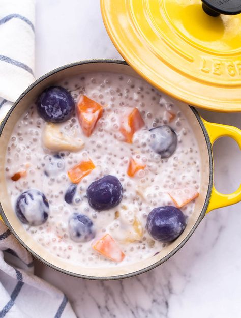 Ginataang Halo-Halo (Glutinous Rice Balls in Coconut Sauce) – Gobble The Cook Ginataang Bilo Bilo Recipe, Ginataang Bilo Bilo, Halo Halo Recipe, Coconut Sauce Recipe, Bubur Cha Cha, Bilo Bilo, Underground Speakeasy, Asian Inspired Desserts, Desserts Photography