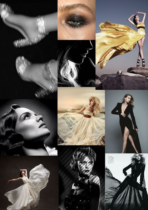 Dramatic Mood Board, Collage Ads, Kibbe Dramatic, Dress Pics, Flying Dress, Natural Make Up, French Words, Dramatic Look, The Vibe