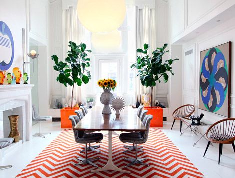 . Chevron Rug, Chevron Rugs, Ficus Lyrata, Fiddle Leaf Fig Tree, Orange Decor, Fiddle Leaf Fig, Jonathan Adler, Chaise Bar, Dining Room Design