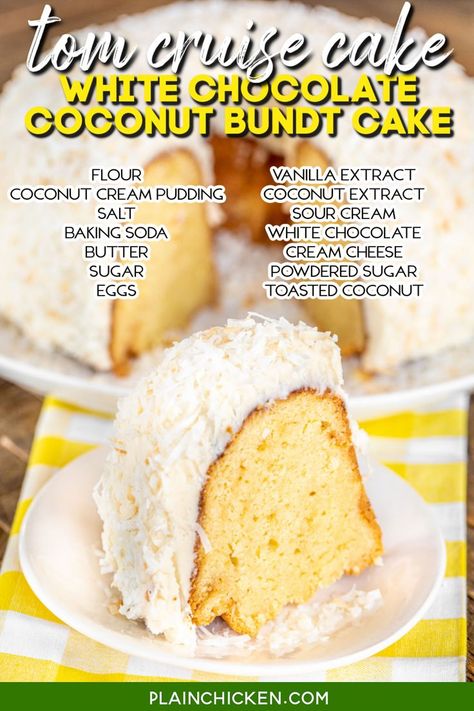 White Chocolate Coconut Bundt Cake, Chocolate Coconut Bundt Cake, Cruise Cake, Coconut Bundt Cake, White Chocolate Coconut, White Cake Recipes, Coconut Pound Cakes, Sour Cream Pound Cake, Coconut Cake Recipe