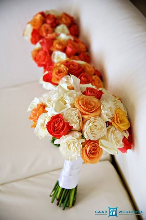 Orange and white brides and bridesmaids bouquet with roses and calla lilies by Helen G Events and Helen G Decor for wedding in Montego Bay Jamaica Orange And White Rose Bouquet, Orange And White Bouquet, Orange Roses Bouquet, Wedding Bouquets Fall, Orange And White Wedding, Orange Rose Bouquet, Bouquet With Roses, Blue And White Roses, Richardson Texas