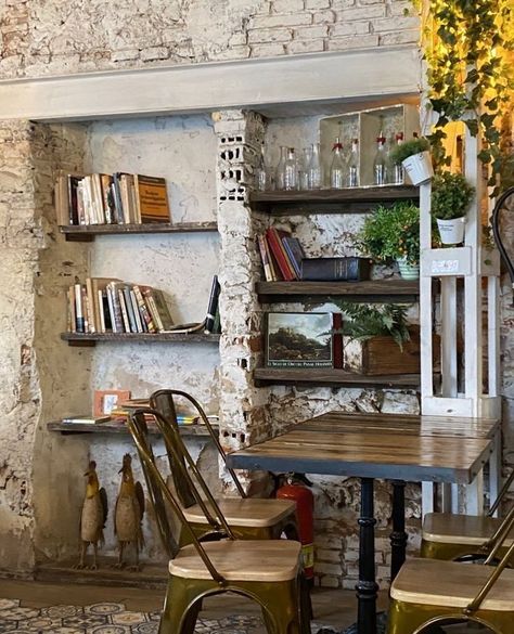 Cafe With Books Coffee Shop, Small Bookstore Cafe Aesthetic, Coffee Shop Book Store Aesthetic, Coffee Shop Bookstore Design, Cottagecore Cafe Interior, Cottagecore Cafe Aesthetic, Vintage Bakery Aesthetic Interior, Cottagecore Coffee Shop, Coffee Shop Owner Aesthetic