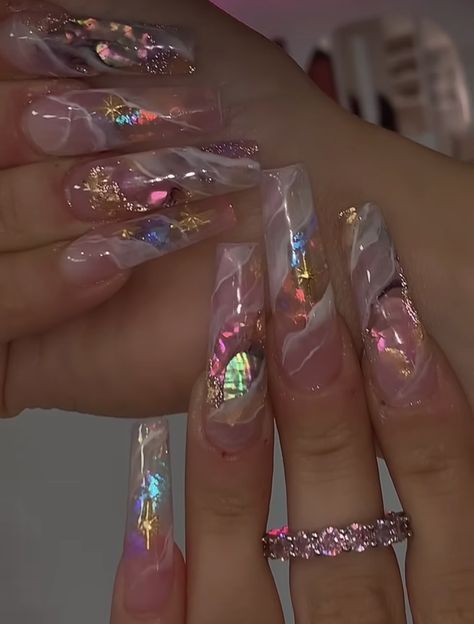 Nail Encapsulated Design Glitter, Marble Encapsulated Nails, Super Extra Nails, Large Glitter Nails, Incapcilated Acrylic Nails, Clear Encapsulated Nails, Encased Nails, Incapcilated Nails, Nails With Foil Design