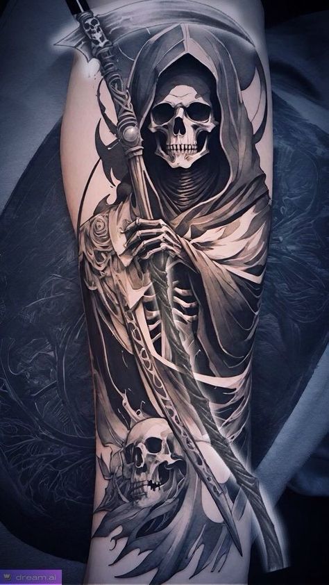 Grim Reaper Tattoo Designs, Tattoo Sleeve Themes, Grim Reaper Drawing, Graveyard Tattoo, Skull Rose Tattoos, Grim Reaper Tattoo, Mexican Art Tattoos, Reaper Tattoo, Skull Sleeve Tattoos