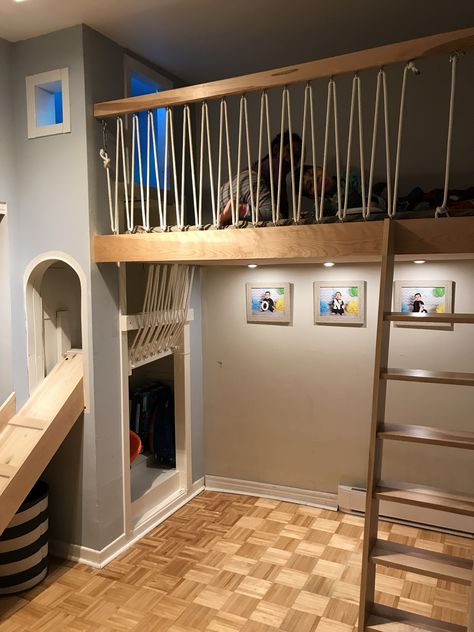 Build Loft In Bedroom, Diy Loft Bed With Slide, Suspended Loft Bed, Loft Bed Railing Ideas, Loft Bedroom Ideas For Adults, Built In Loft Bed, Treehouse Loft Bed, Playhouse Loft Bed, Playhouse Diy