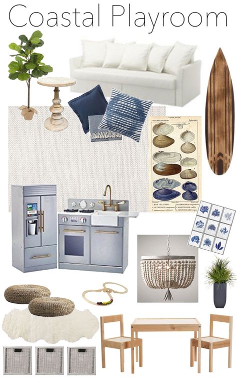 Blue white neutral coastal playroom Blue And White Playroom, Coastal Playroom Ideas, Navy Blue Playroom, Coastal Game Room Ideas, Costal Modern Living Room Rugs, Coastal Farmhouse Game Room, Light Blue Playroom, Coastal Basement Ideas, Coastal Game Room