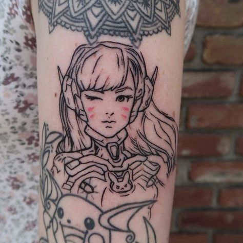 D.Va from the Overwatch video game done by @will_koffman_tattoo. To book with Will email him at willkoffman@gmail.com. #muletattoo #getbehindthemule #orangecountytattoo #octattoo #oldtowntustin #tustintattoo #linework #lineworktattoo #dva #overwatch #dvatattoo #overwatchtattoo #videogametattoo Cute Zelda Tattoo, Overwatch Tattoo Ideas, Mule Tattoo, Legend Of Zelda Hand Tattoo, Shots Game, Midna Tattoo Twilight Princess, Overwatch Tattoo, Dva Overwatch, Video Game Tattoos