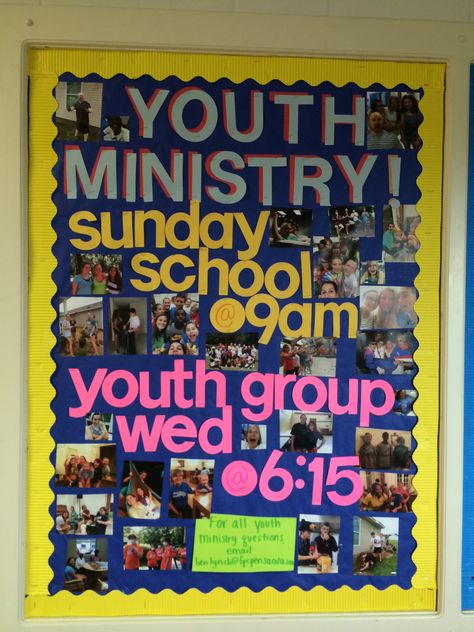 Youth Ministry Bulletin Board Missions Bulletin Board, Information Bulletin Boards, Church Bulletin Board Ideas, Youth Ministry Room, Youth Ministry Games, Youth Church, Church Bulletins, Teen Ministry, Christian Bulletin Boards