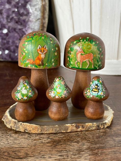 "Animals Of Spring Wooden Mushroom Collection, Spirit Animal, Beasts, Bugs, Alter, Decor, Miniature, Gift Idea, Hand Painted    Hand painted mini artworks on wooden mushroom base.  Medium Mushrooms stand roughly 2.5\" tall Mini Mushrooms stand 1.25\" tall" Painted Wood Mushrooms, Painted Wooden Mushrooms, Wood Mushrooms, Mushroom Collection, Painted Mushrooms, Wooden Mushrooms, Alter Decor, Mushroom Crafts, Brown Paper Packages