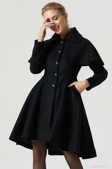 image 1 Capelet Coat, Black Wool Coat Women, High Low Coat, Fit And Flare Coat, Green Wool Coat, Wool Cape Coat, Tailored Clothes, Handmade Skirts, Black Wool Coat