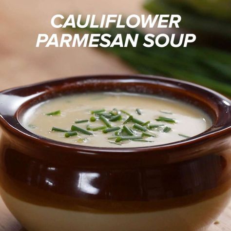 Cauliflower Parmesan Soup Recipe by Tasty Vegetable Minestrone, Cauliflower Parmesan, Parmesan Cauliflower, Parmesan Soup, Cauliflowers, Soups Recipes, Potato Leek, Chefs Knife, Basil Soup