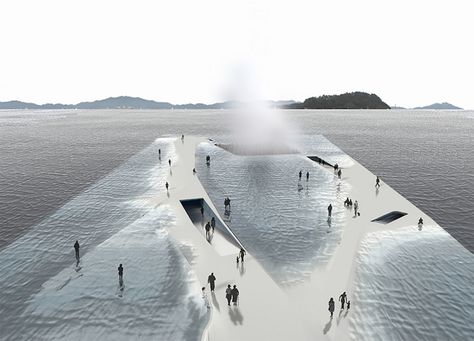 This breathtaking platform lets users walk into the sea in an experience that feels like floating in and on the water. Water Pavilion, Serpentine Pavilion, Water Architecture, Yeosu, Floating Architecture, Pavilion Architecture, Pavilion Design, Renzo Piano, Walk On Water