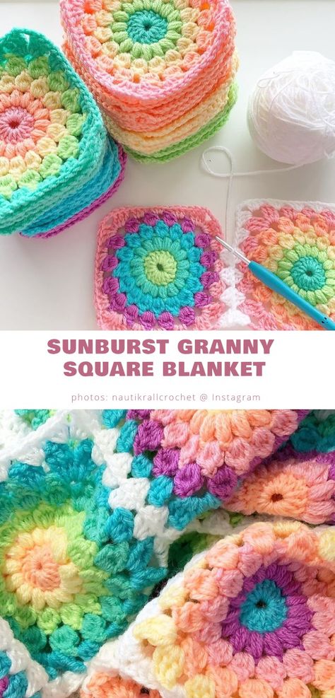 Sunburst Granny Square Blanket, Crochet Zig Zag, Granny Square Pattern Free, Zig Zag Crochet, Sunburst Granny Square, Crochet Square Blanket, Granny Square Crochet Patterns Free, Crochet Blanket Designs, Crochet Granny Square Blanket