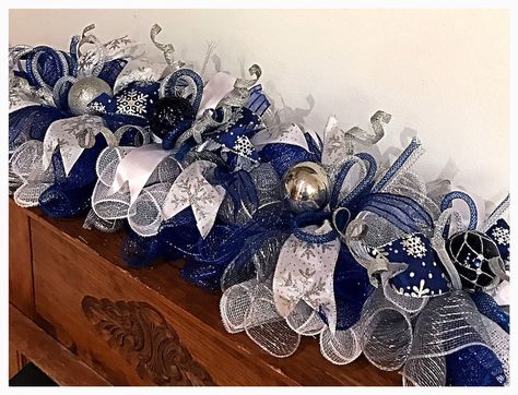 Blue Christmas Tree Decorations, Christmas Decorations Centerpiece, Silver Centerpiece, Blue Christmas Decor, Silver Christmas Decorations, Christmas Mesh Wreaths, Blue Christmas Tree, Silver Christmas Tree, Gold Christmas Decorations