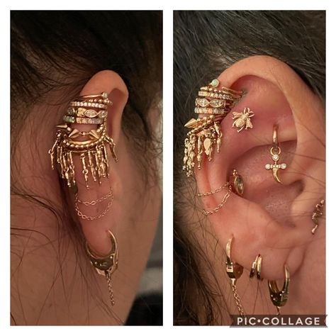 Shoulder Length Earrings, Ear Coin Slot, Coin Slot Ear, Coin Slot Ear Piercing, Maximalist Piercings, Coin Slot Piercing, Curated Ear Piercing, Curated Ear, Cool Ear Piercings