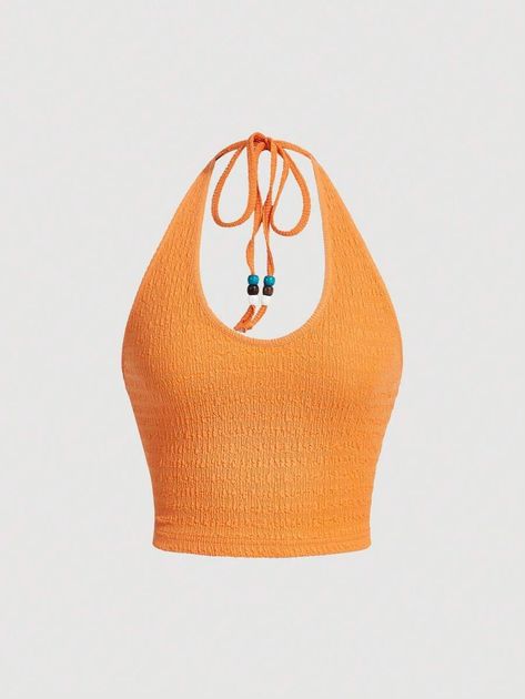 SHEIN MOD Orange Halter Neck Top | SHEIN Textured Tank Top, Slim Fit Crop Top, Spring Break Outfit, Orange Outfit, Plus Size Tank Tops, Halter Neck Top, Cute Crop Tops, Halter Crop Top, Striped Crop Top