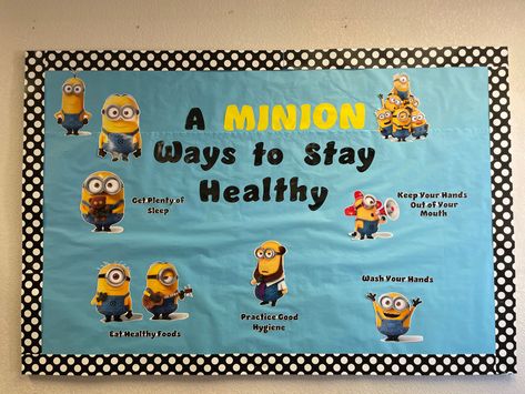 Cute Minion Bulletin Board! School Nurse or Health Office. School Nurse Bulletin Board Ideas Health, School Health Office Decor, School Nurse Bulletin Board Ideas, Elementary Nurse Office, Minion Bulletin Board, School Nurse Elementary, September Bulletin Boards, Notice Board Decoration, Nurse Bulletin Board