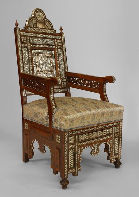 Middle Eastern Moorish/Syrian seating chair/arm chair-pair walnut Arabian Furniture, Syrian Furniture, Moorish Furniture, Middle Eastern Decor, Walnut Armchair, Upscale Furniture, Welcome To My House, Islamic Design, Indian Decor