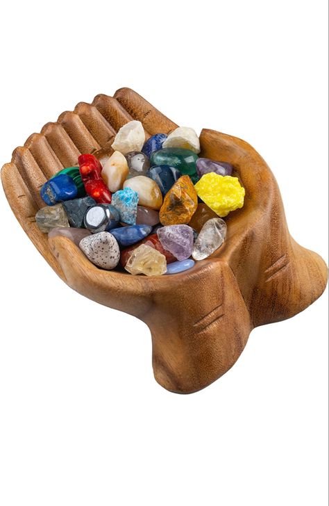 Healing Crystals ~ Healing Stones ~ Decorative ~ Alter Addition | shaped like a pair of offering hands, it is a sacred place Crystal Storage, Key Bowl, Displaying Crystals, Crystal Holder, Crystal Shelves, Offering Bowls, Wooden Design, Crystal Bowls, Wooden Hand